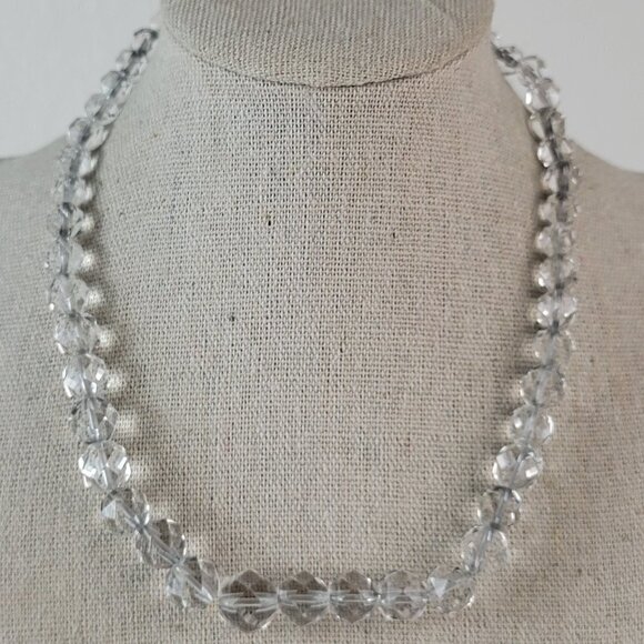 Vintage Sterling Silver Clear Crystal Graduated Beaded Necklace 15" Spring Ring